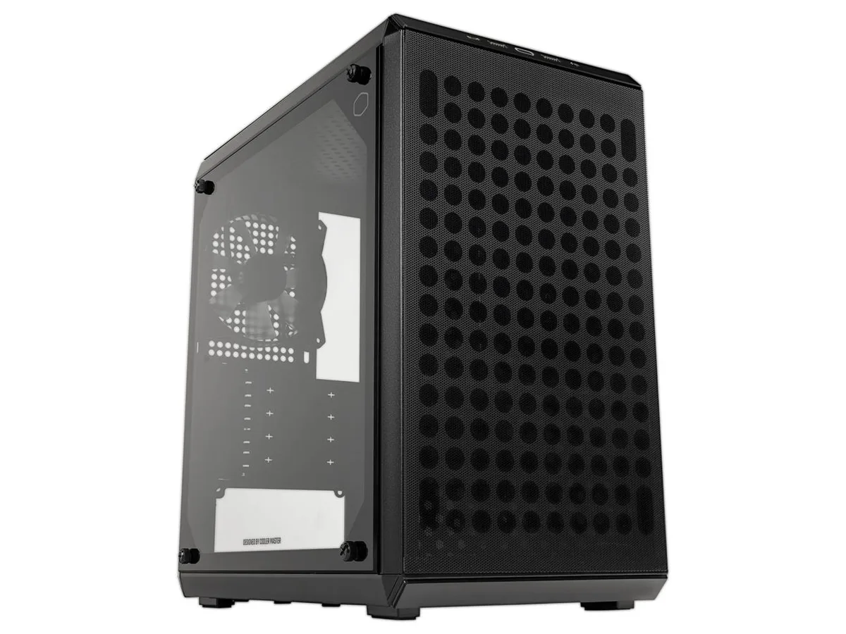 Black mini-tower PC case with tempered glass side panel and steel construction