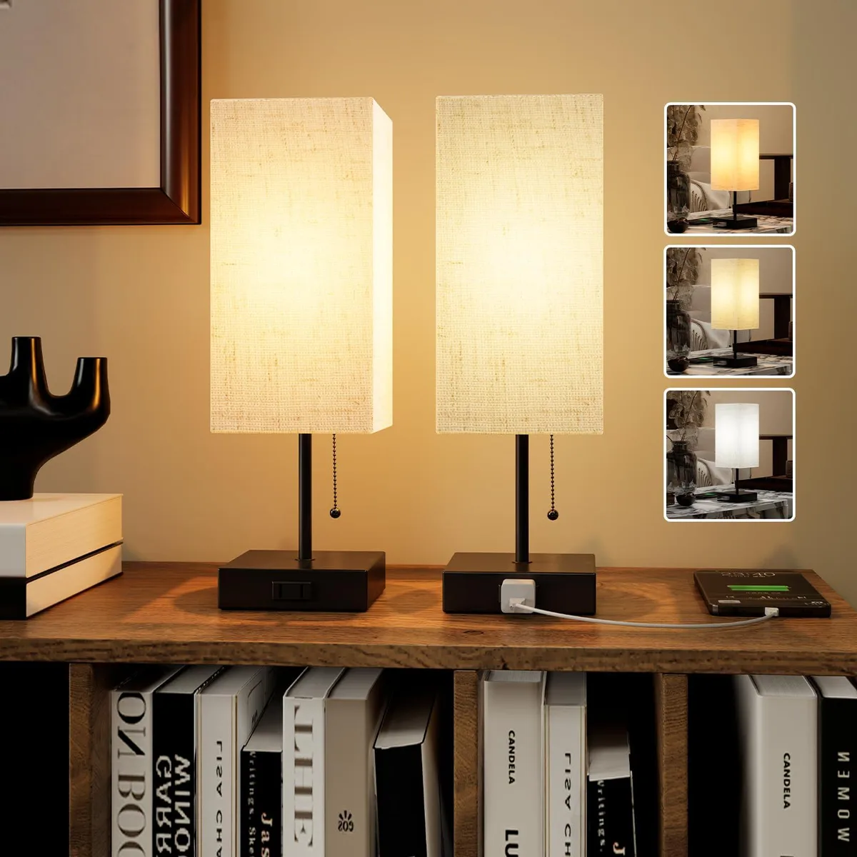 Pair of white linen-shade table lamps with painted metal bases and pull-chain switches