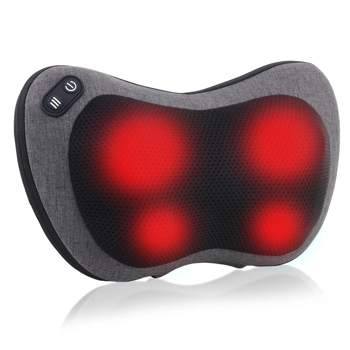 Gray rectangular massage pillow with mesh panel and cord, 12.3 by 7.1 by 4.2 inches
