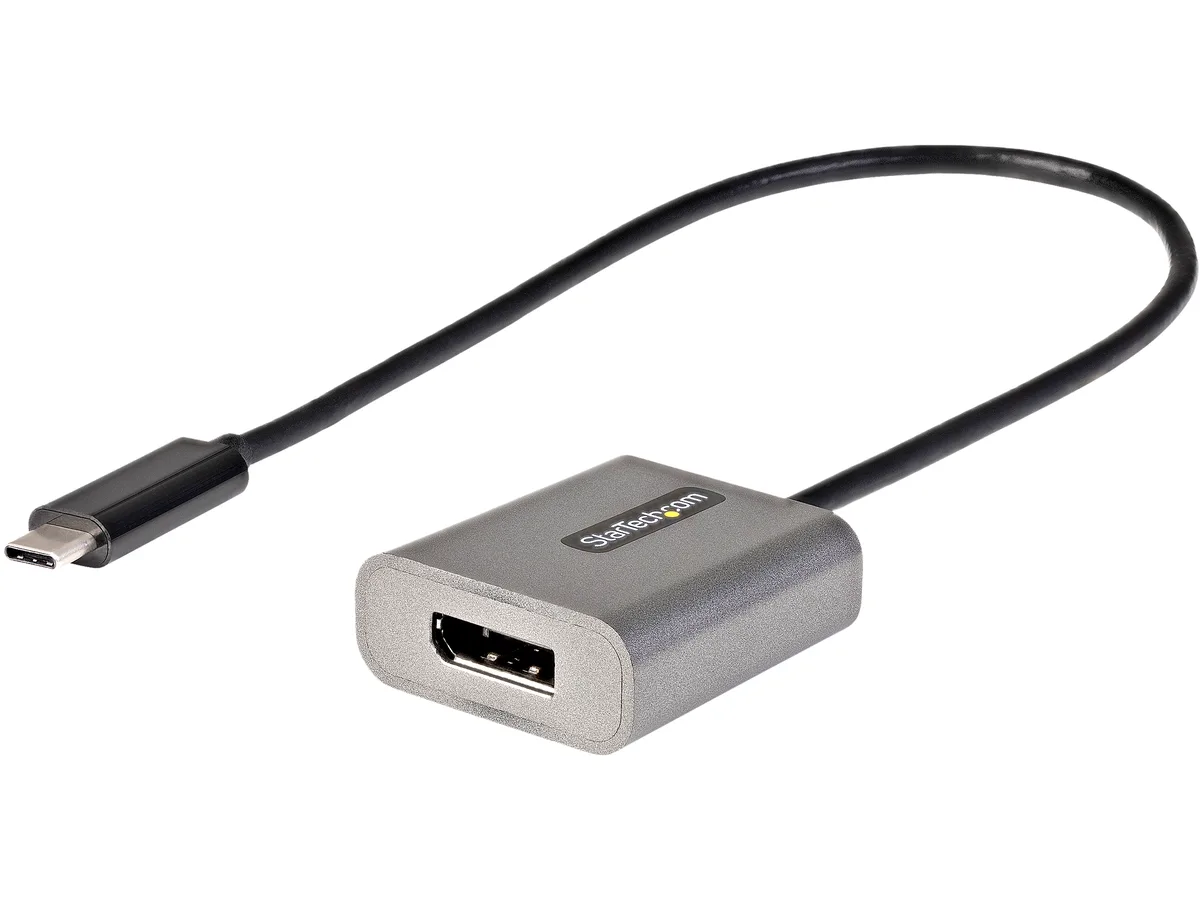 Gray USB-C to DisplayPort adapter dongle with 12-inch attached cable