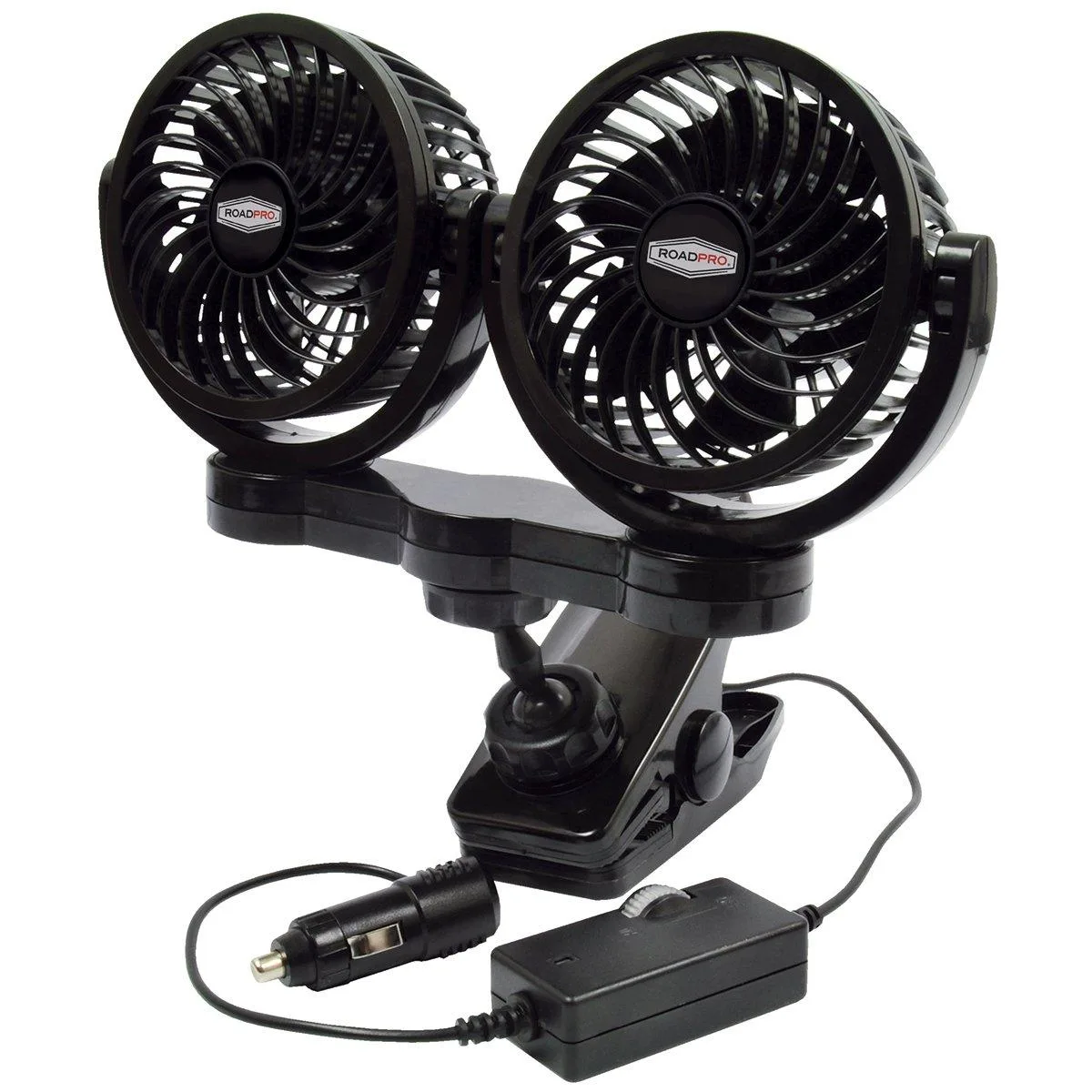 Black 12-volt dual fan with heavy-duty mounting clip and 7.5-foot cord