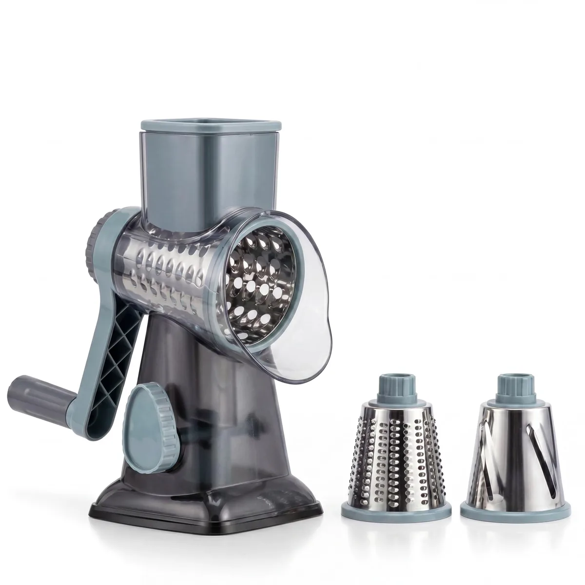 Rotary cheese grater with hand crank, three drum blades and suction base