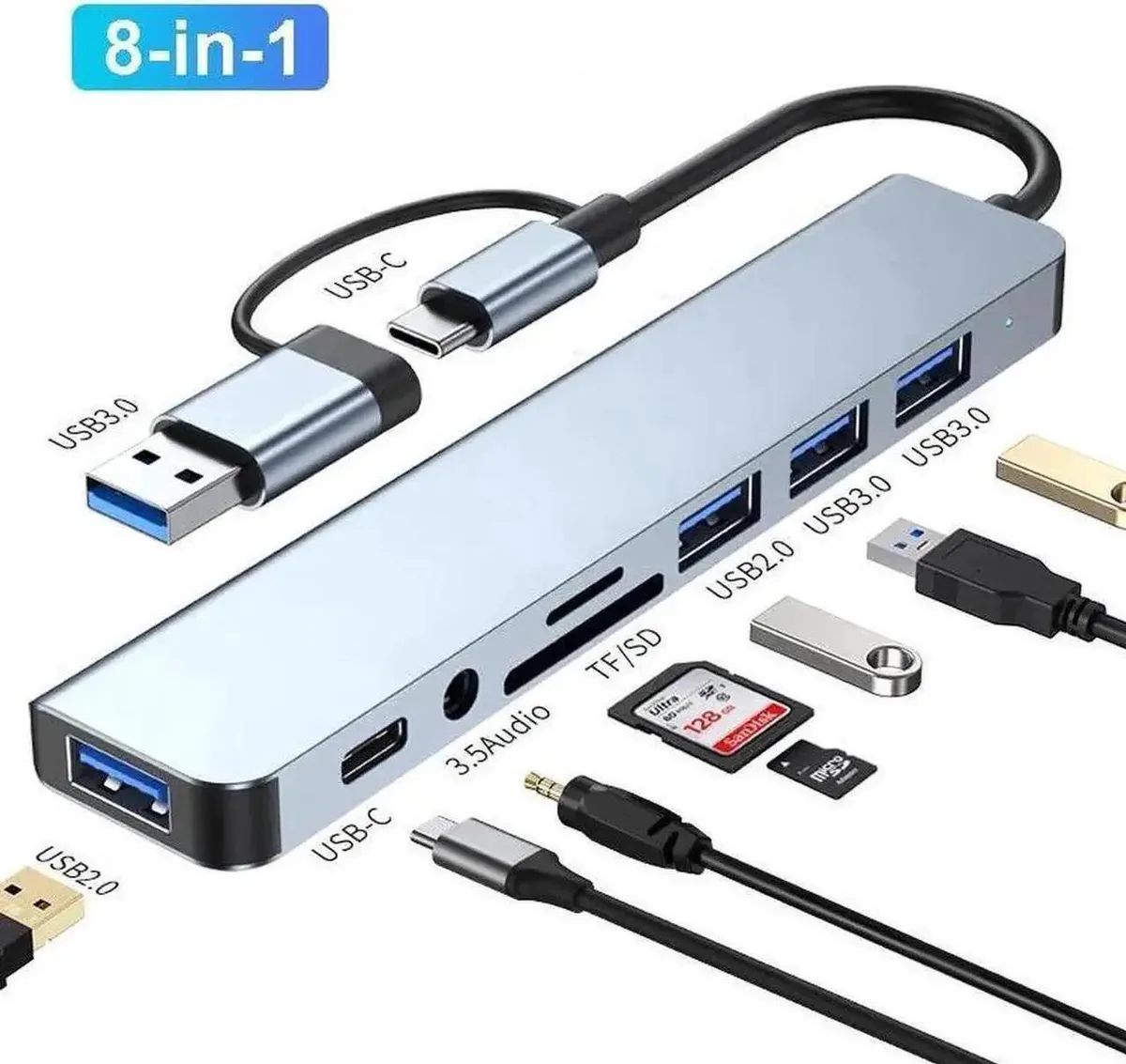 SMUGDESK SMUGDESK 8in1 USBC Docking Station 100W PD USB 3.0 3×USB 2.0 SD/TF 3.5mm — product photo