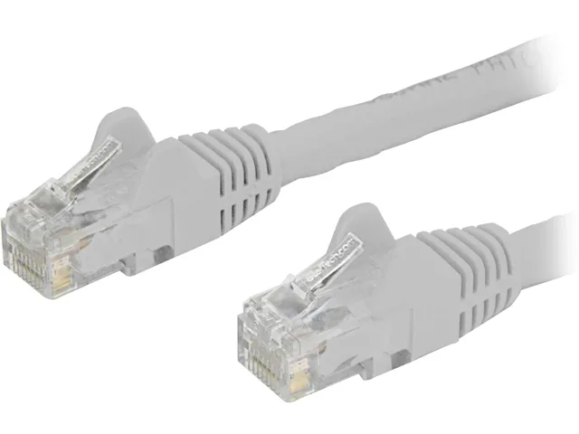 White 8 ft Cat 6 ethernet cable with gold RJ-45 plugs and snagless boots