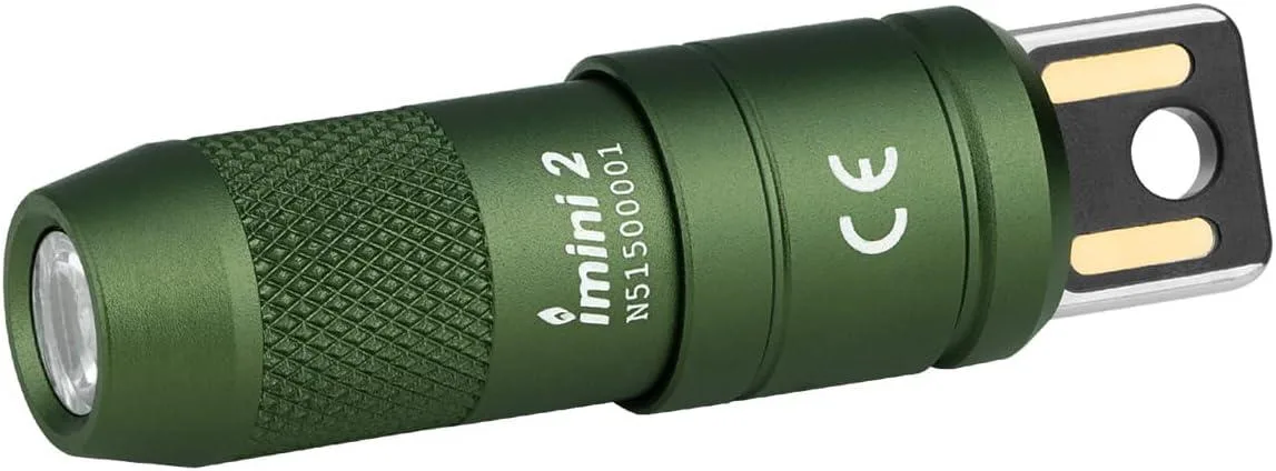 Small OD green aluminum keychain flashlight with magnetic cap and built-in USB plug