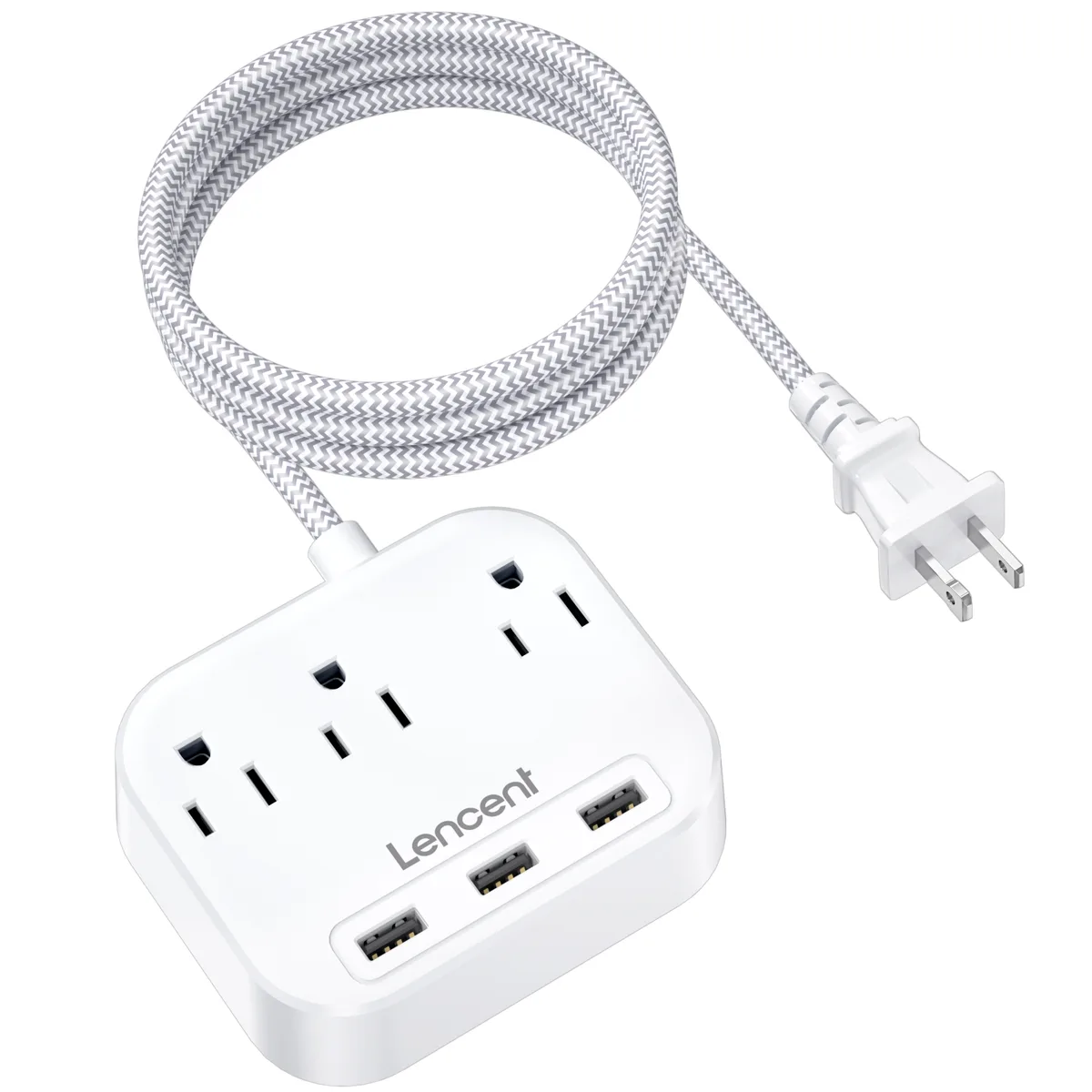 LENCENT LENCENT 2 Prong Power Strip 6.6ft Braided Cord 3 AC 3 USB 5V 3.4A White — product photo