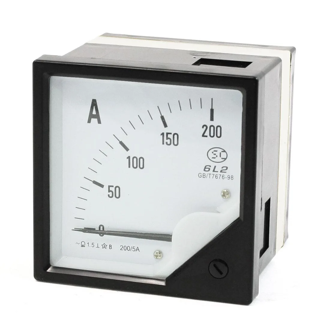 Square analogue AC ammeter panel meter white dial black bezel 80mm face 10.3mm deep 1.5 accuracy class 0 to 200A range