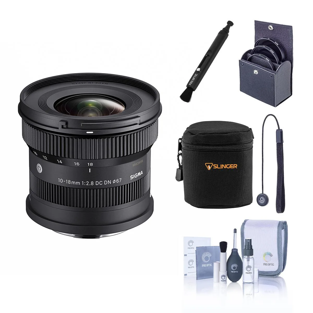 Compact black L-Mount ultra-wide zoom lens with hood, caps and 67mm filter kit