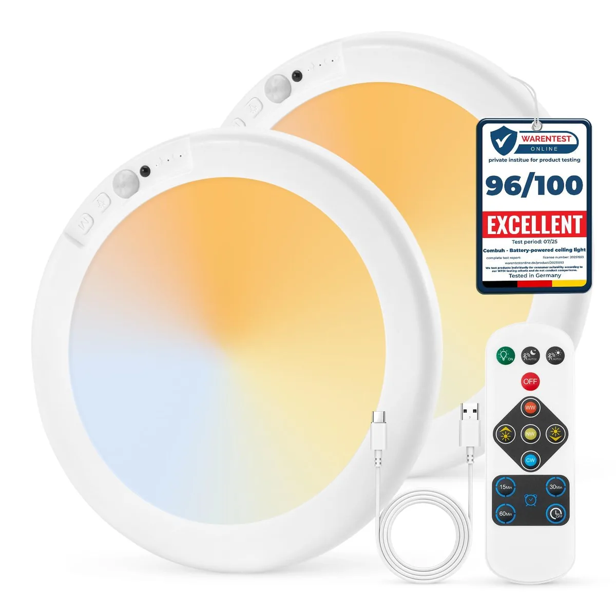 Two white square ceiling lights with clear prismatic glass, remote and USB-C cables