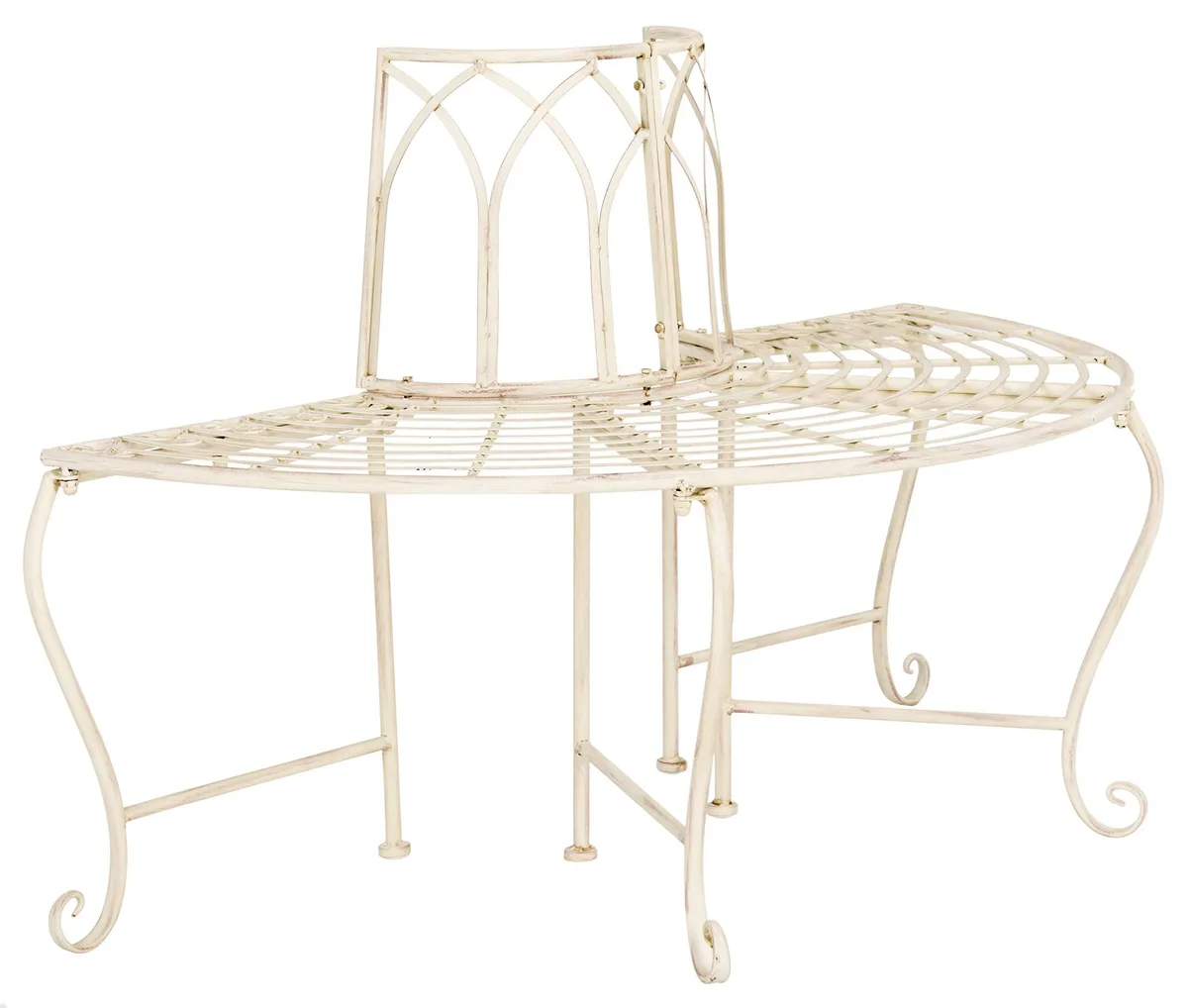 Curved white wrought-iron tree bench with vintage scrollwork, 72 inches long