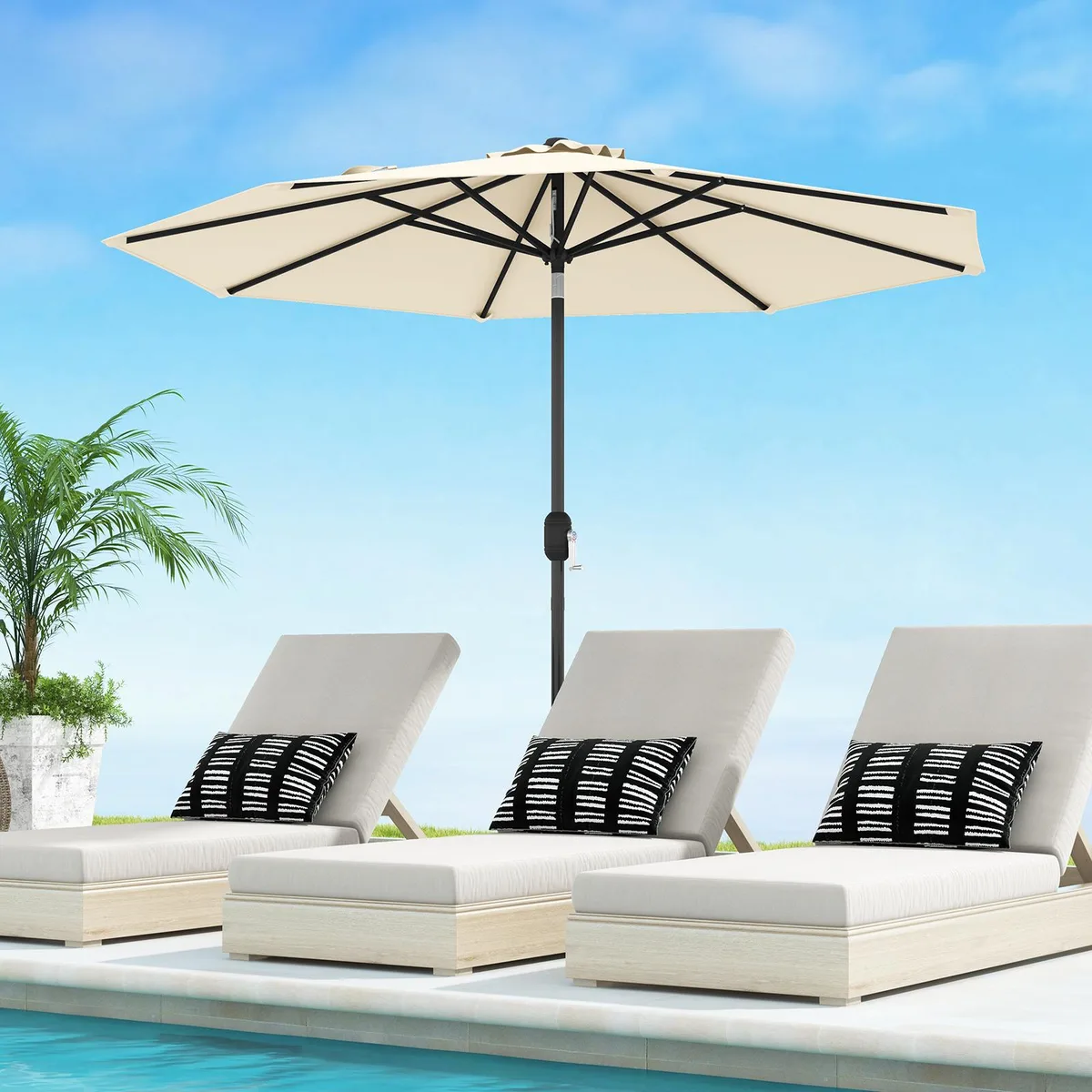 Beige 9 ft patio umbrella with crank lift and push button tilt
