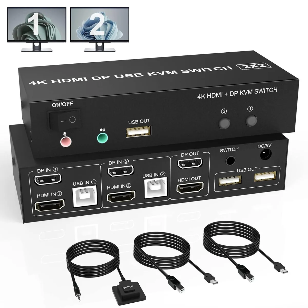 FOCUSTEC FOCUSTEC Dual Monitor KVM Switch DisplayPort HDMI 4K@60Hz 2 PCs 3 USB 2.0 — product photo
