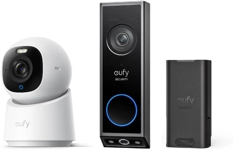 Black rectangular video doorbell with dual camera lenses and a small indoor pan-tilt camera beside it