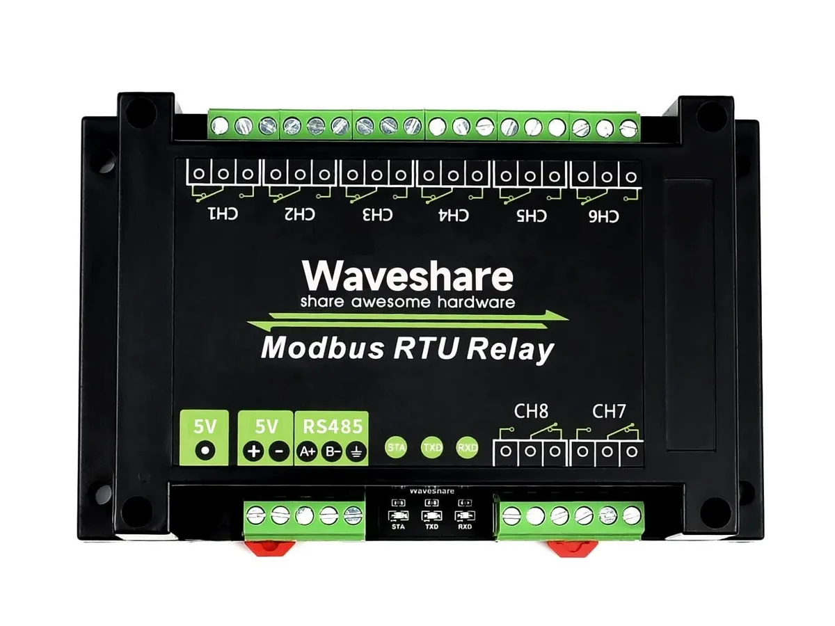 Grey ABS plastic enclosure with eight relay modules and RS485 terminals