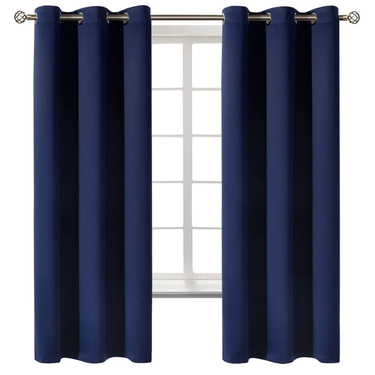 Two navy blue polyester curtain panels with silver grommets, 42 by 63 inches each