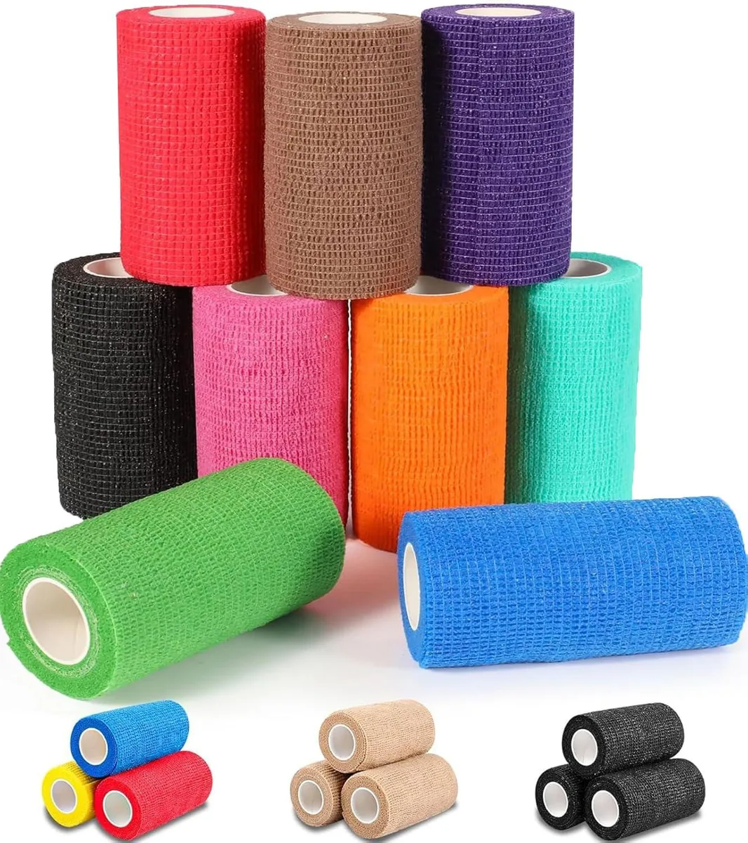 Nine red cohesive bandage rolls in individual packaging