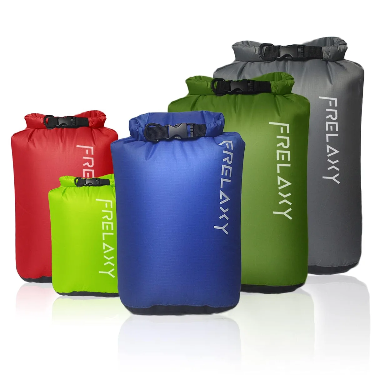 Five coloured nylon dry sacks stacked, rectangular bases, roll-top closures with D-rings