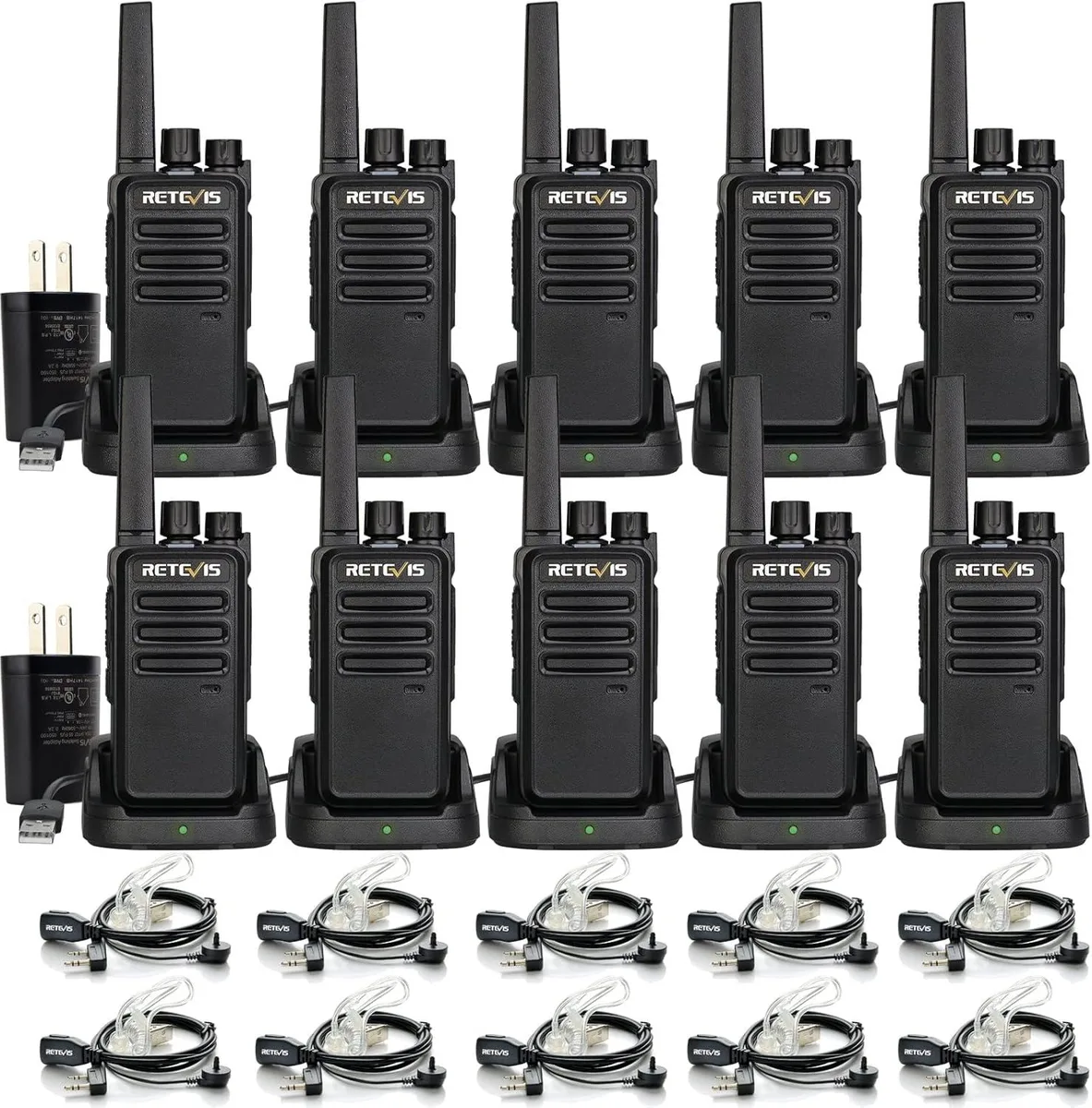 Ten palm-sized two-way radios in a charging base, matte black finish