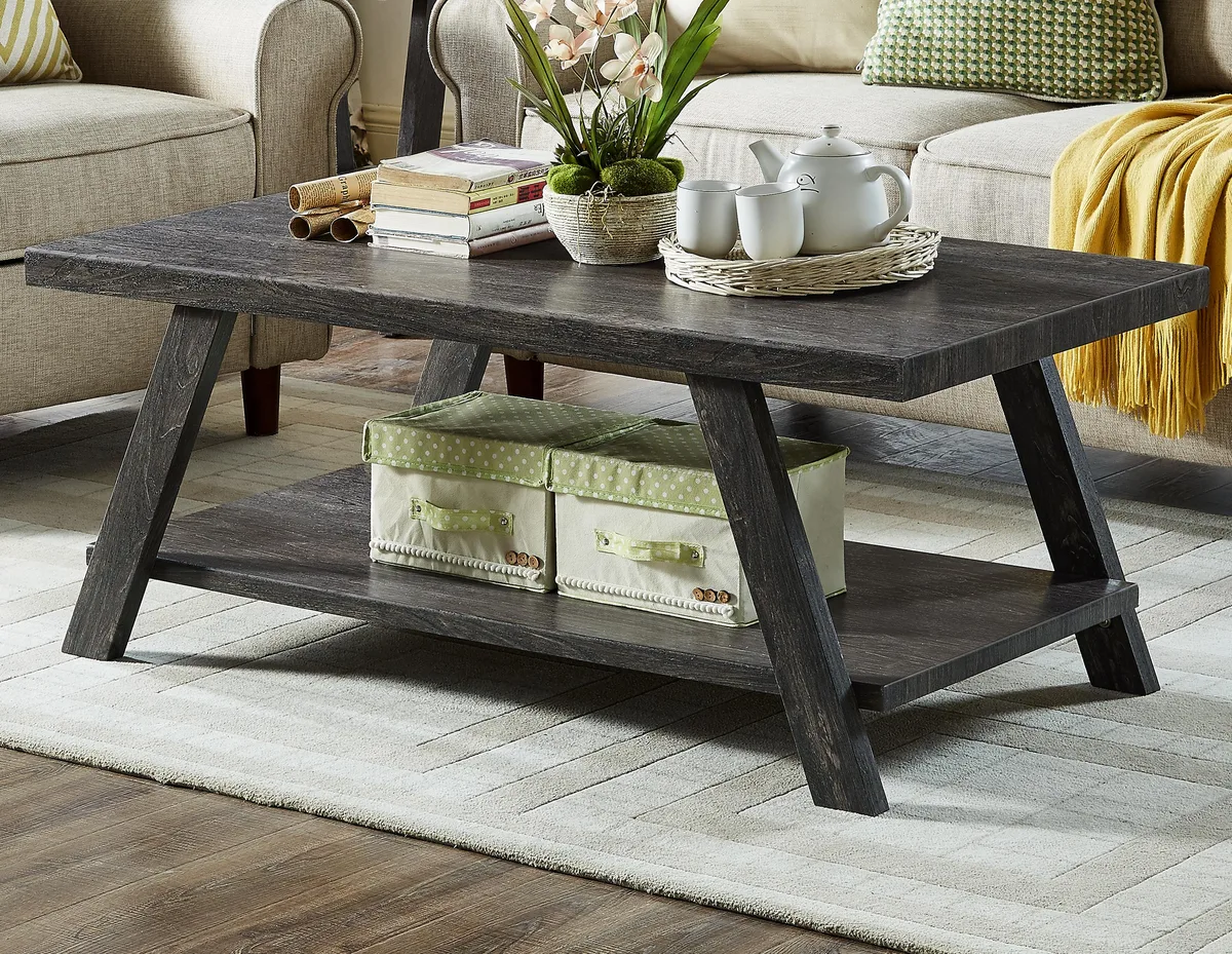 Charcoal wood coffee table with lower shelf and angled legs