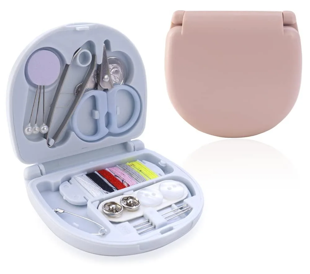 Two small blue plastic sewing cases side by side