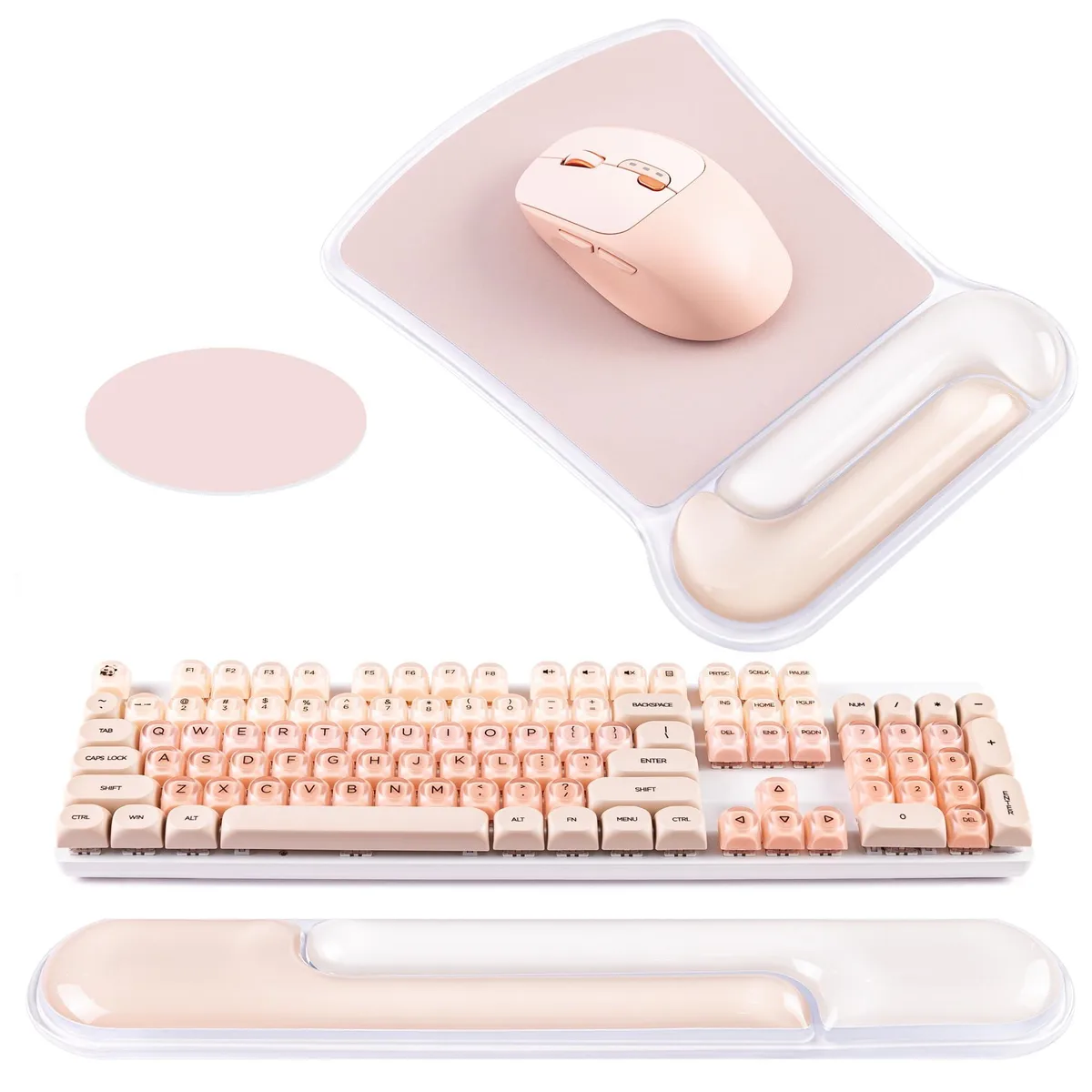 Pink gel wrist rest set with keyboard and mouse pads, curved cooling surface