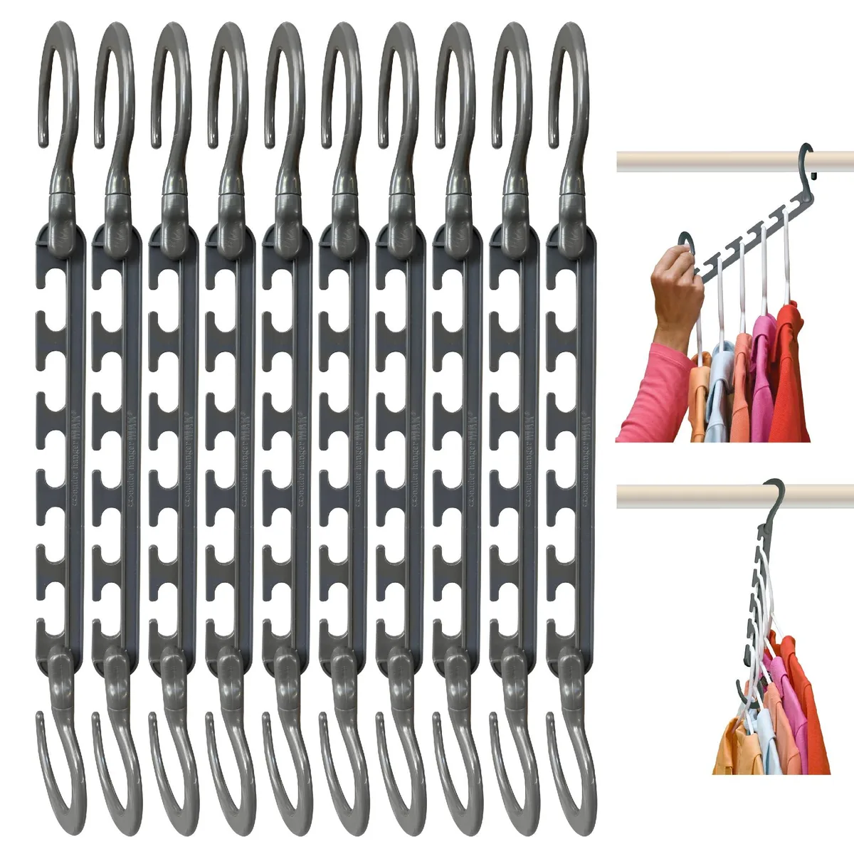Ten grey plastic cascading hangers with 360° swivel hooks, fully assembled