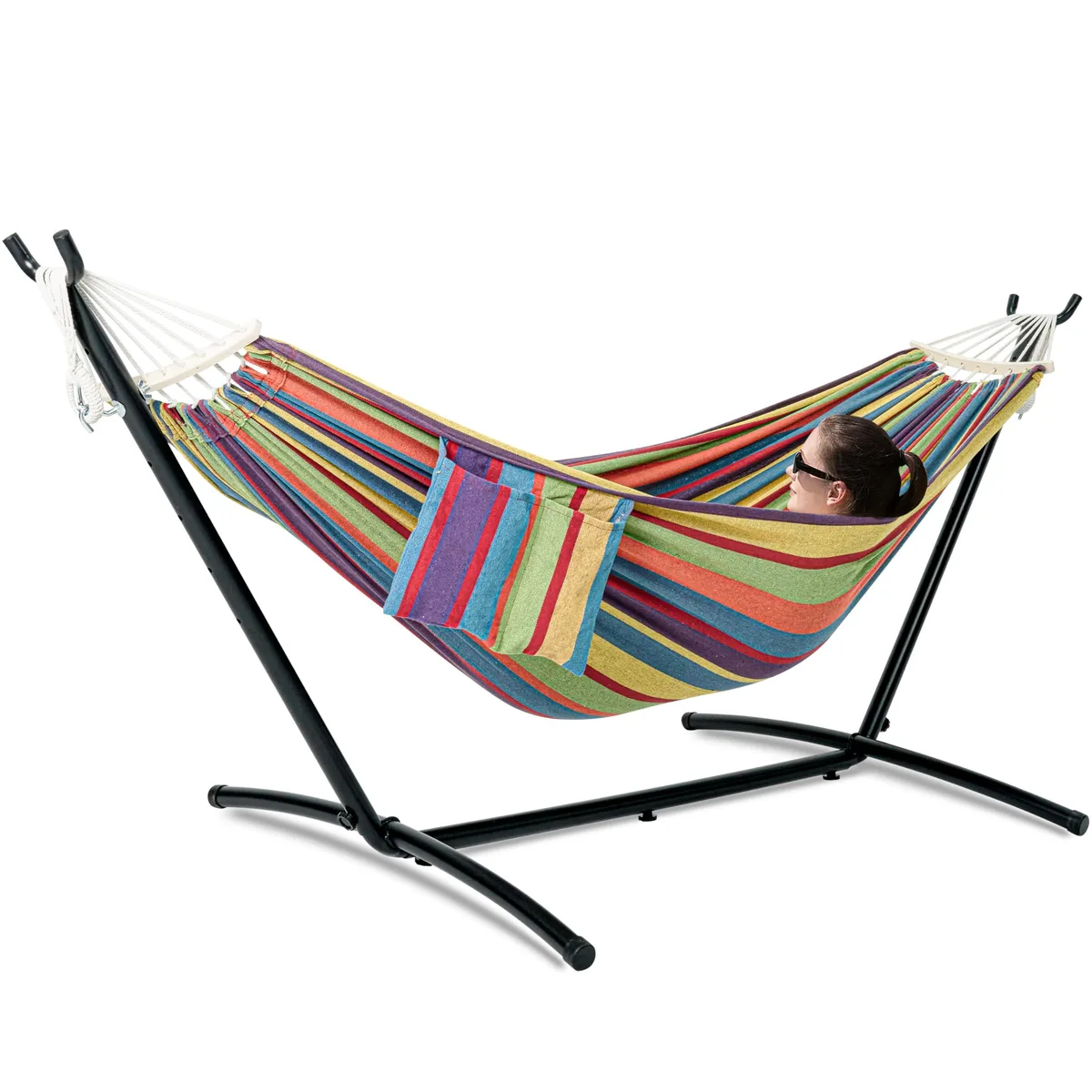 Classic red double hammock on a black steel stand with side pockets