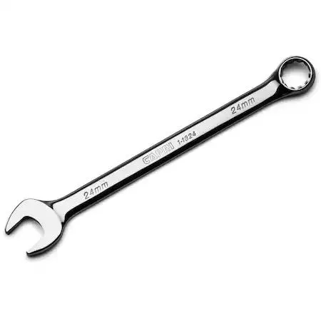 Polished 24 mm 12-point combination wrench with offset box end, canvas roll pouch included