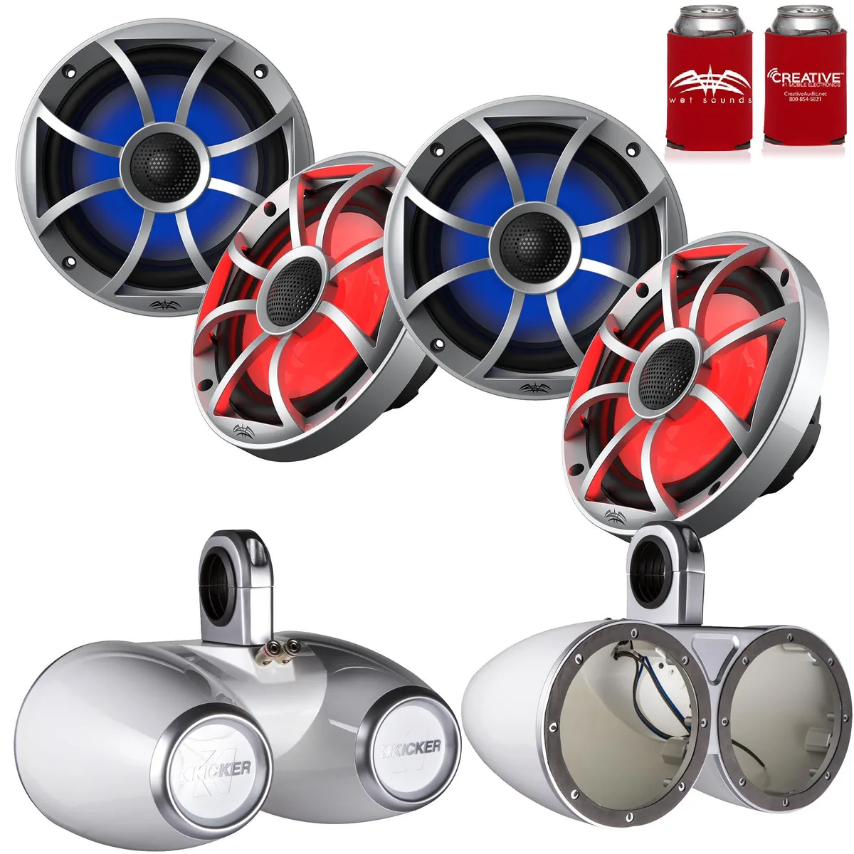 Wet Sounds Wet Sounds OE-65ic-S-RGB 6.5" Coaxial Speakers &amp; Kicker 12KMTEDW White Tower Pods — product photo