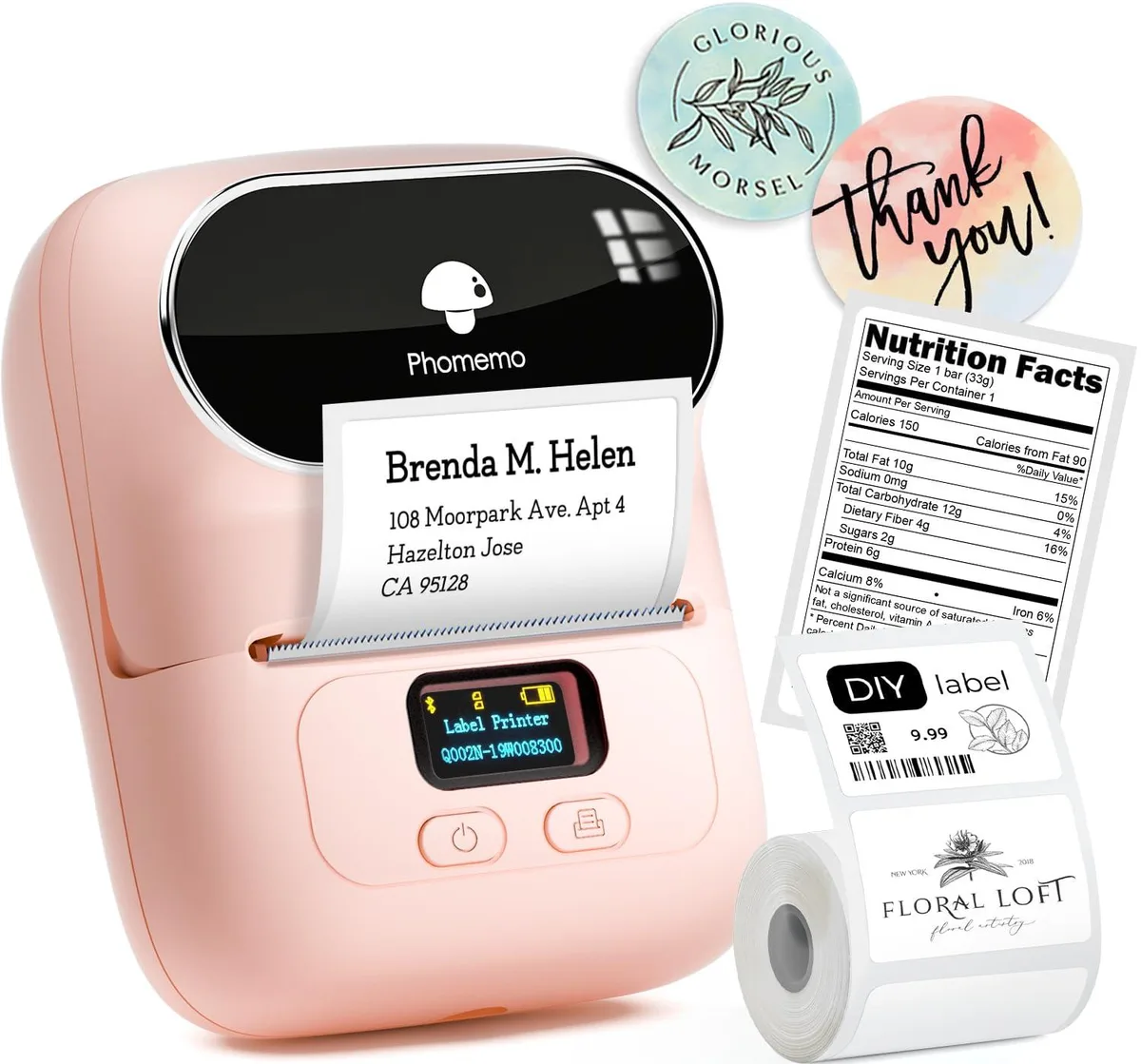 Small pink palm-sized thermal label printer with USB port