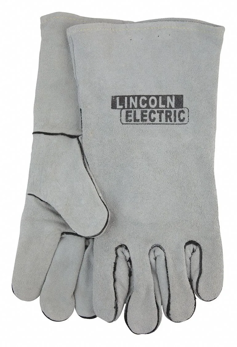 Pair of gray leather welding gloves with gauntlet cuffs, 13 1/2 inches long, wing thumb design