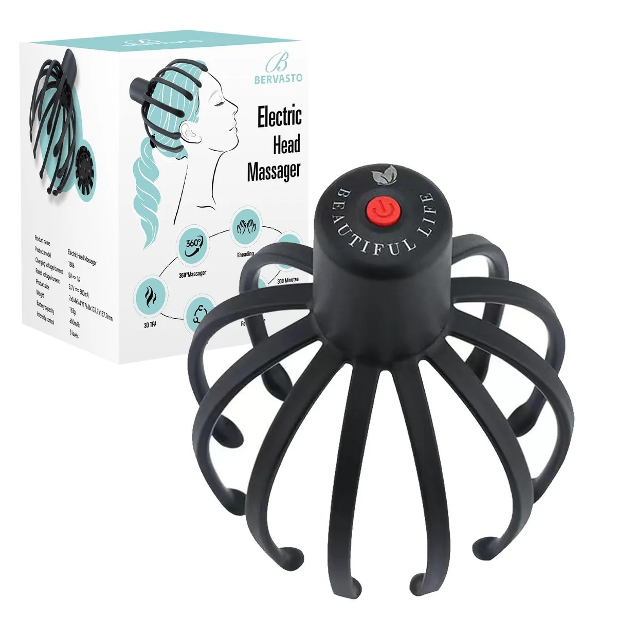 Black handheld electric scalp massager with twelve soft rubber nodes