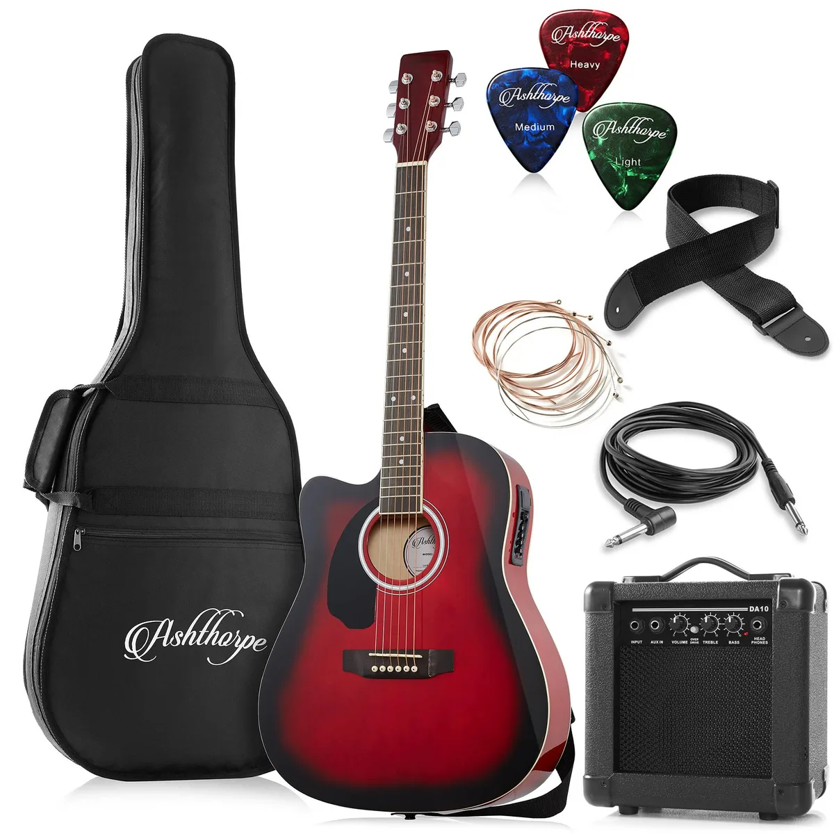 Ashthorpe Ashthorpe Left-Handed 41" Dreadnought Cutaway Acoustic-Electric Guitar Package with 10W Amp Red — product photo
