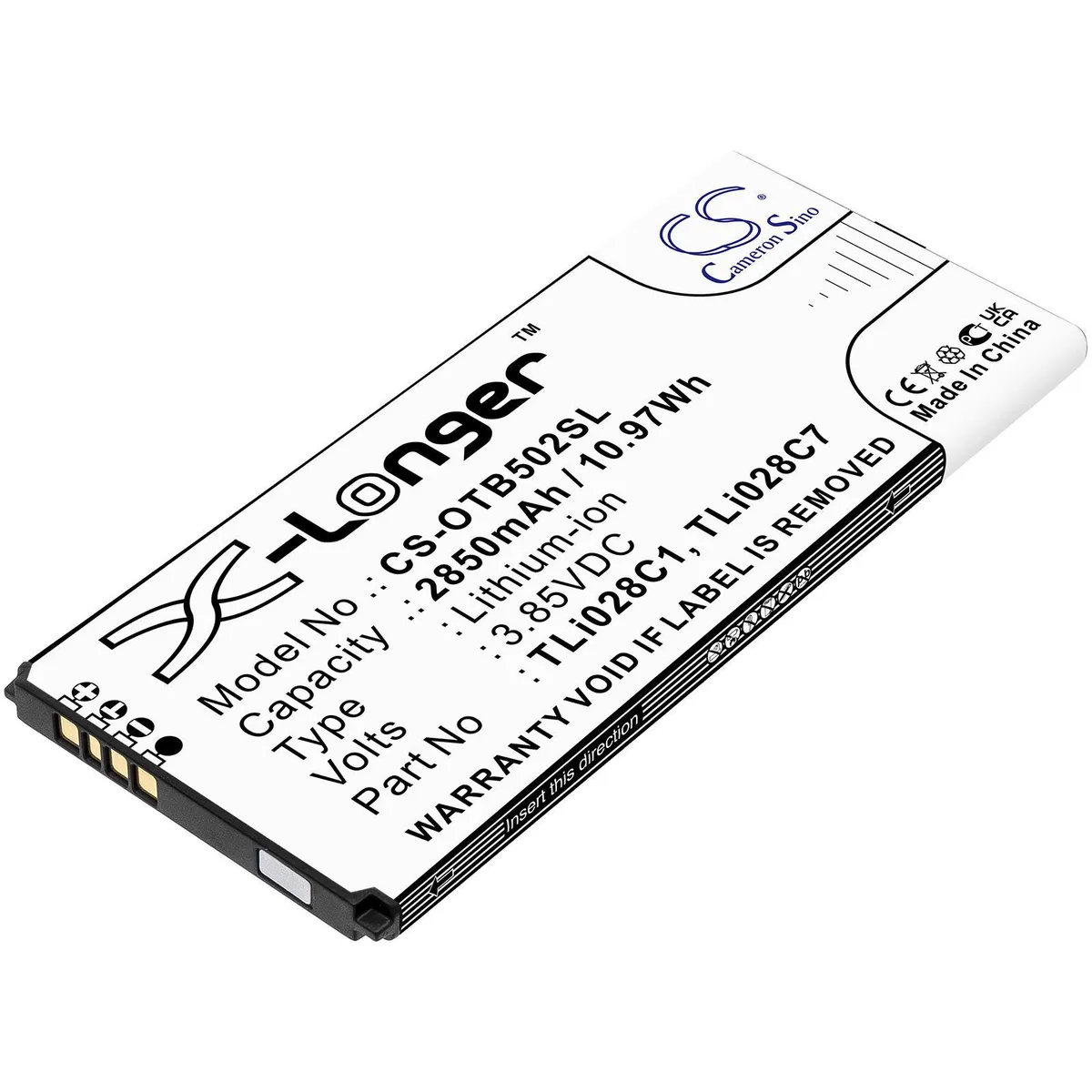 Rectangular smartphone replacement battery with silver contacts and printed labels