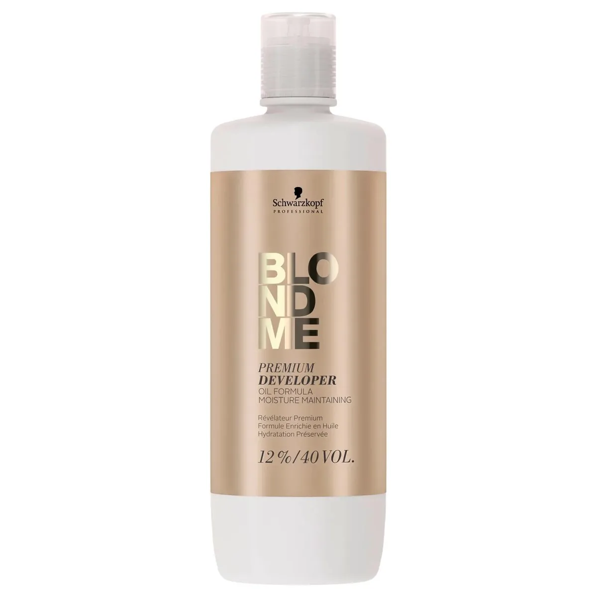 White plastic bottle with black cap and gold label, 1000ml