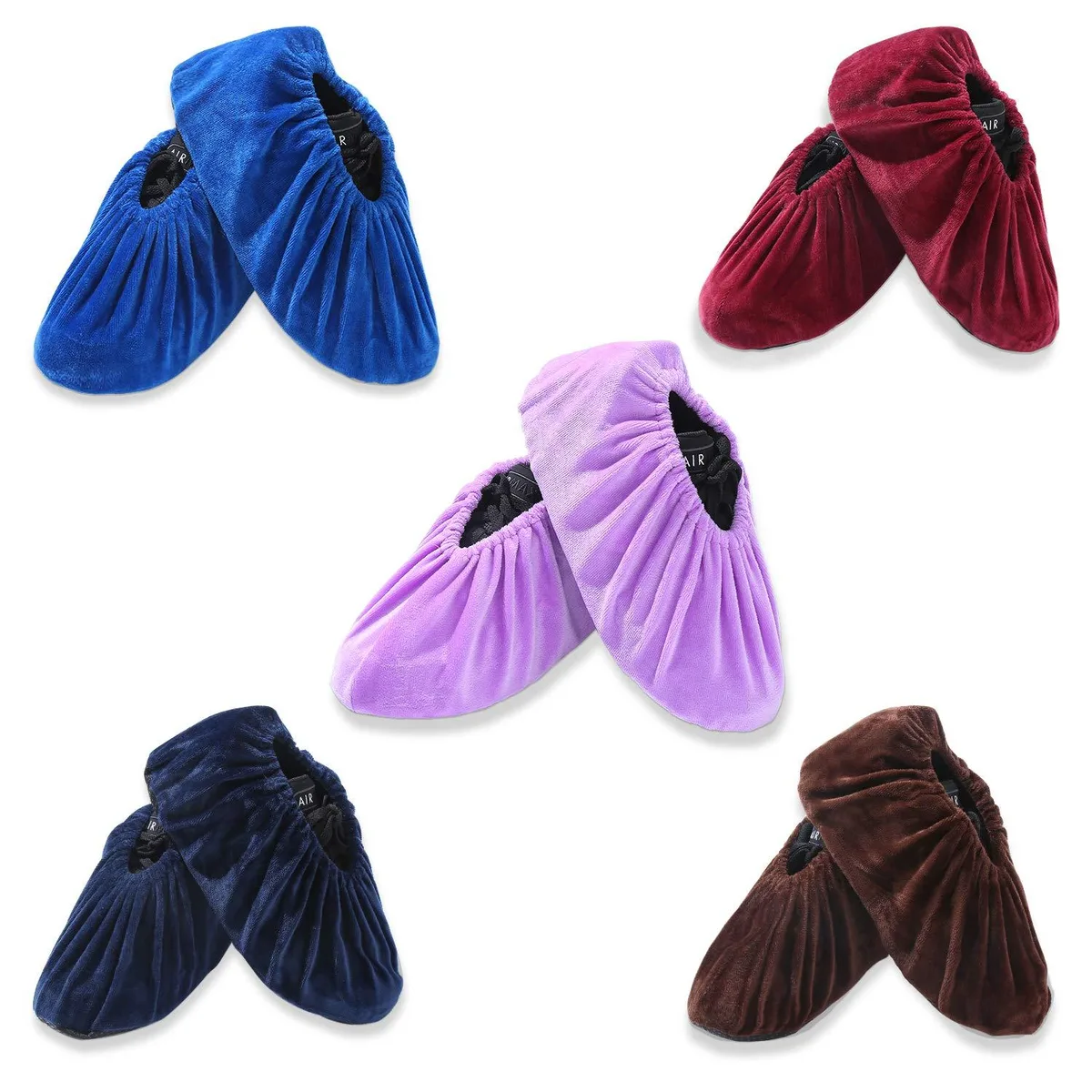 Five pairs of blue velvet shoe covers with elastic cuffs and textured anti-slip soles
