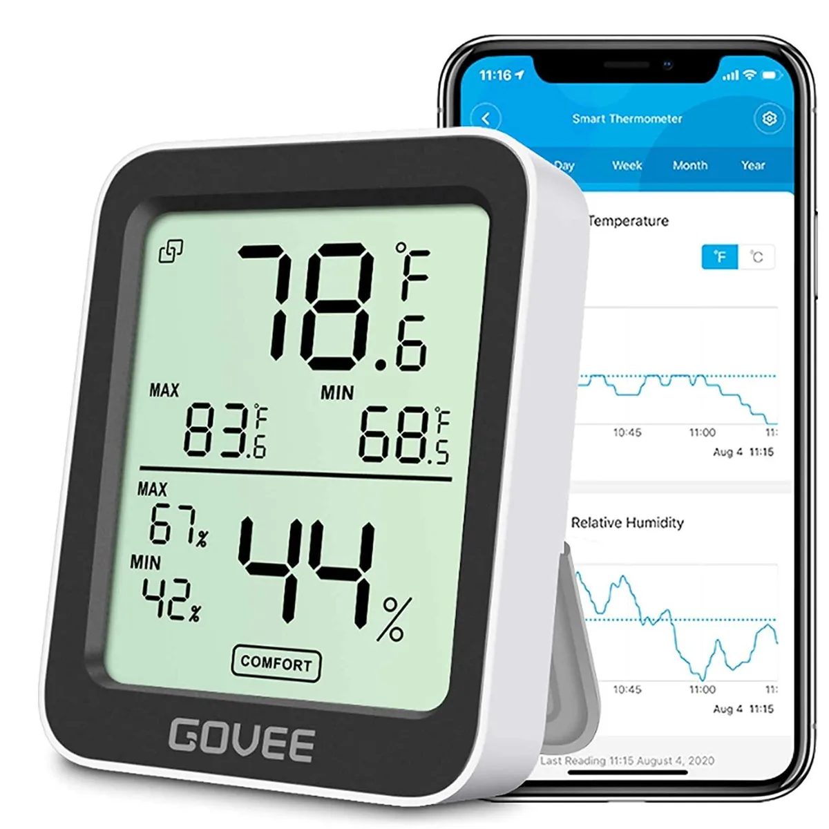Black rectangular digital hygrometer thermometer with LCD screen and stand