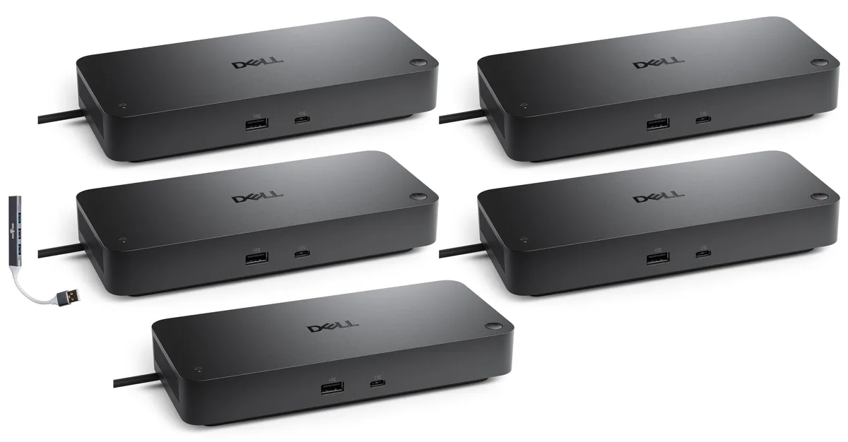 Black rectangular Thunderbolt 4 dock with multiple ports and included portable hub