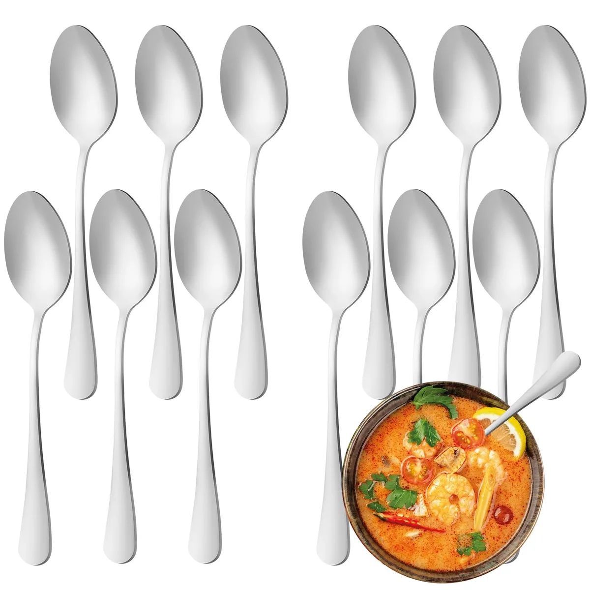 Twelve silver stainless steel dinner spoons with mirror-polished finish, 7 inch length