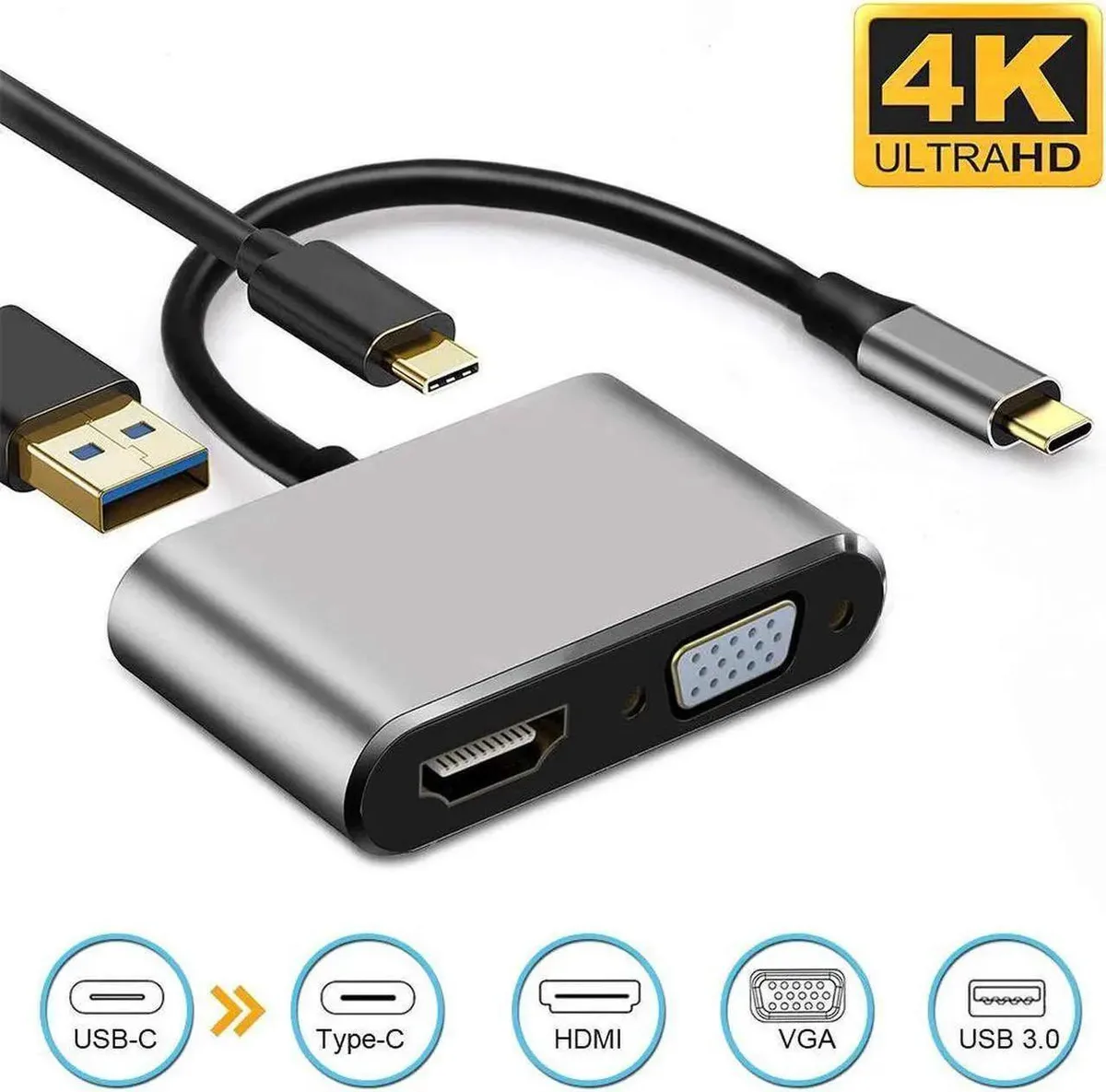 Vszerda Vszerda USB C to HDMI VGA Adapter 4K 30Hz 1080P 60Hz PD 87W USB 3.0 Gray — product photo