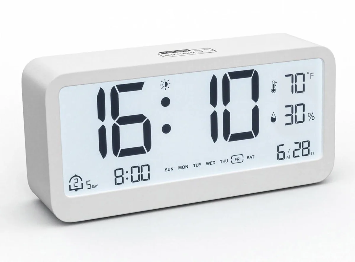  Digital Alarm Clock Battery Powered LCD White — product photo