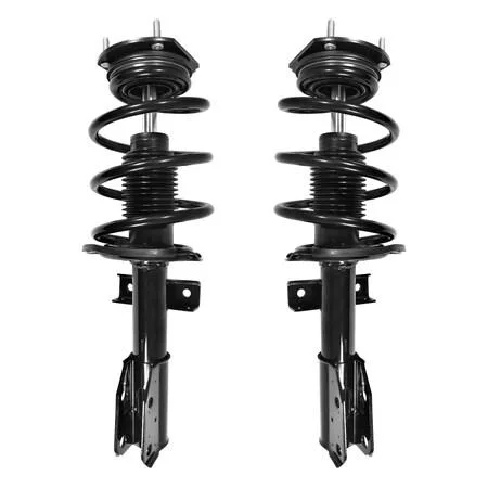 Two silver front strut assemblies with coil springs and top mounts, new condition