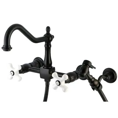 Brass two-handle wall-mount kitchen faucet with oil-rubbed bronze finish