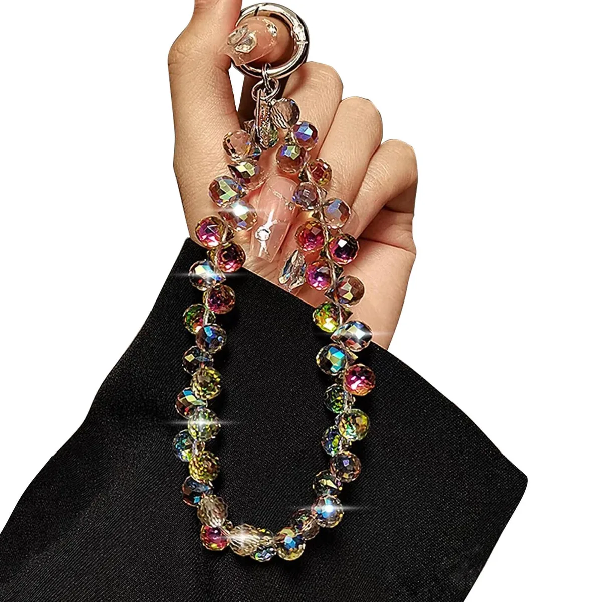 Multicolor beaded phone wristlet bracelet with silicone hooks and clasp