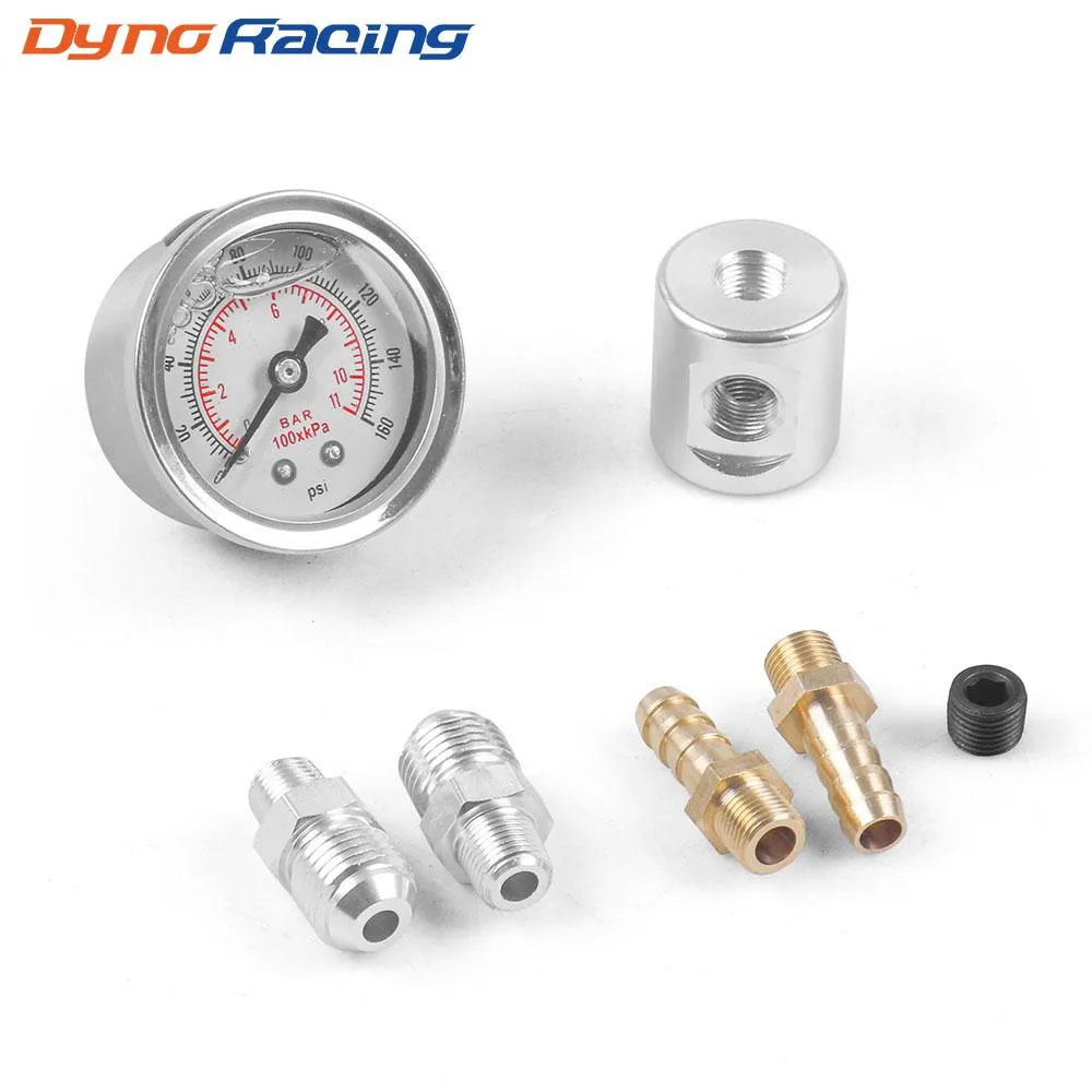Dyno Racing Dyno Racing 1/8 NPT Fuel Pressure Gauge Liquid Filled Polished 0-160 psi Adaptor Kit — product photo