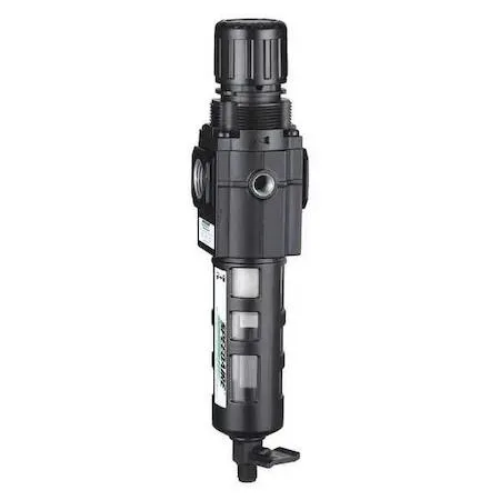 Compact zinc filter-regulator with polycarbonate bowl guard, 3/8 NPT inlet, manual drain, top adjustment knob