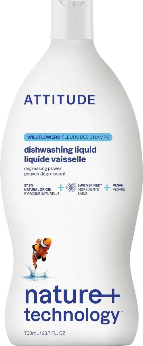 Clear recyclable plastic bottle of plant-based dish soap, 23.7 fl oz, wildflowers scent
