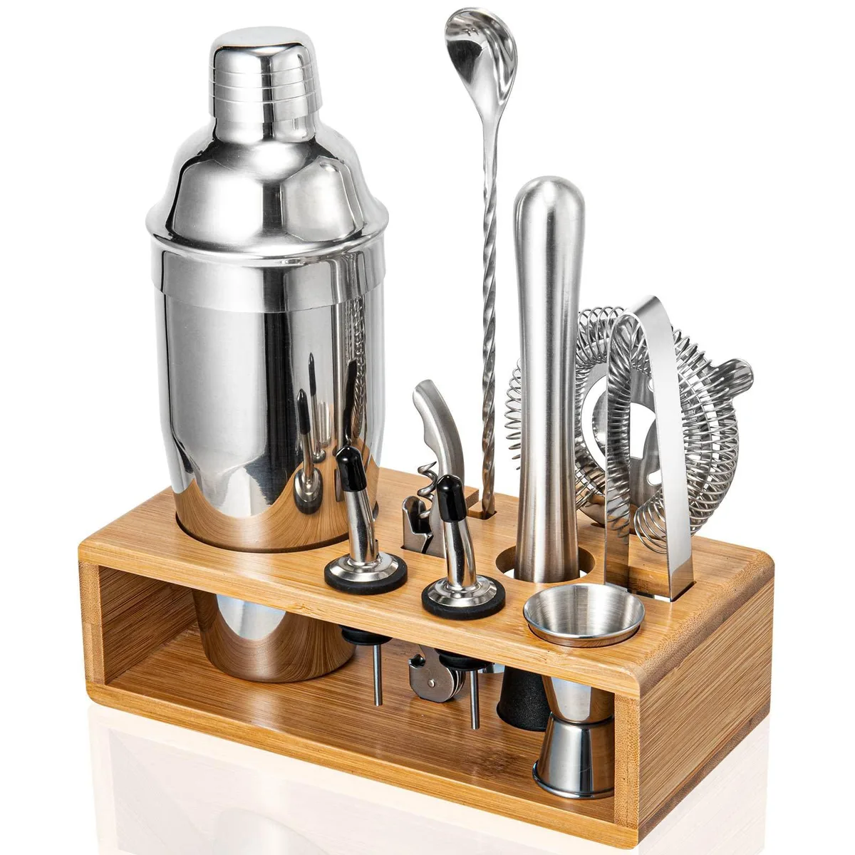 Silver 10-piece bar tool set on bamboo stand with 24oz shaker