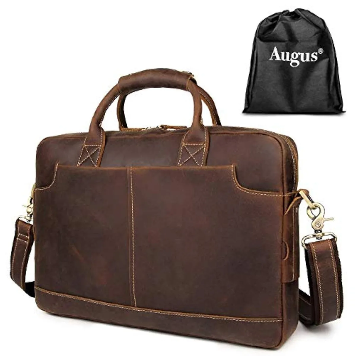 Full-grain leather 16-inch briefcase with YKK zipper, top handle and detachable shoulder strap