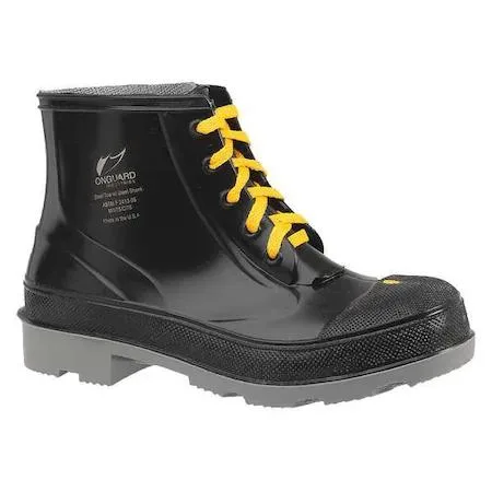 Black rubber ankle boot with steel toe cap, cleated sole, size 6